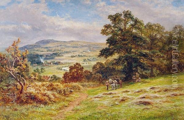 Haymakers In An Extensive Summer Landscape Oil Painting - Robert Gallon