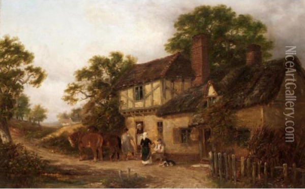 Figures Outside A Cottage Oil Painting - Thomas Smythe