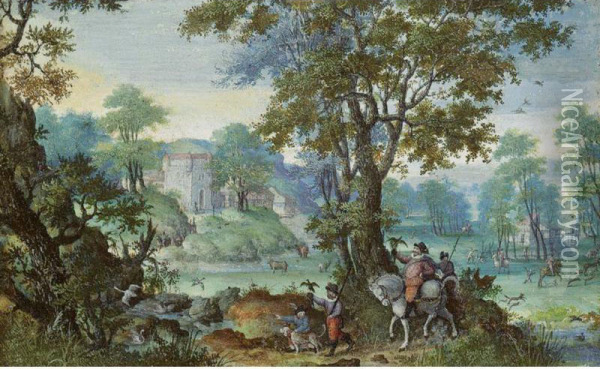 A Wooded Valley, With A Hawking Party In The Foreground And Huntsmen And A Castle Behind Oil Painting - Frans Boels