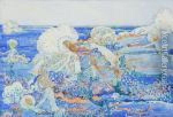 Mermaids Teaching Their Babies To Swim Oil Painting - Jessie Marion King