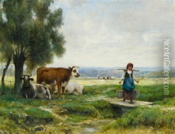 Auf Der Weide. La Jeune Laitiere Oil Painting - Julien Dupre