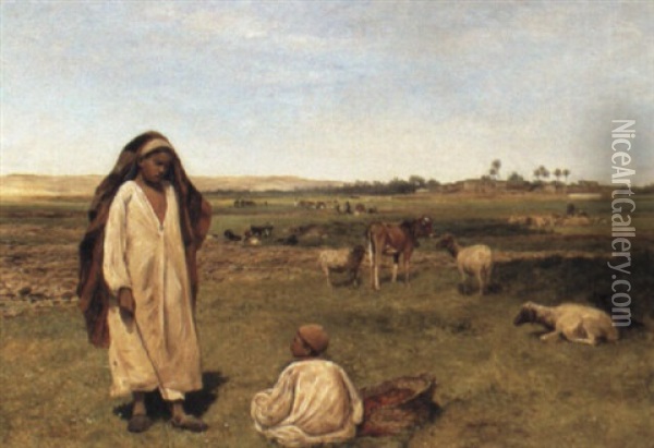 Boys Minding Cattle In The Fields, Egypt Oil Painting - David Bates