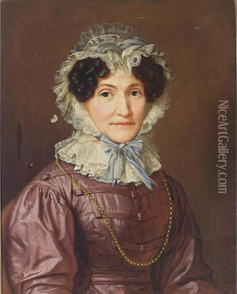 A Portrait Of A Lady Seated, 
Half Length, Wearing A Purple Dress With A White Lace Collar And A Gold 
Necklace, And A White Lace Hat Oil Painting - Franz Seraph Stirnbrand