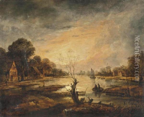 A Moonlit River Landscape With 
Cottages And A Windmill On Thebanks, Two Men On A Raft In The Foreground Oil Painting - Aert van der Neer