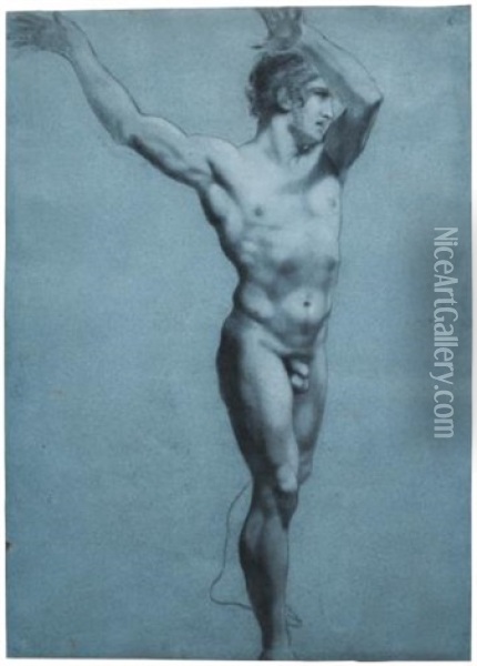 Standing Male Nude, With Both Arms Raised Oil Painting - Pierre-Paul Prud'hon