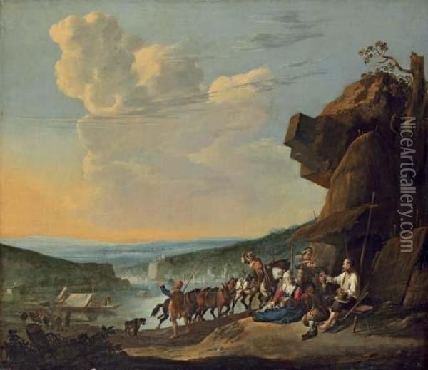 An Extensive River Landscape With Peasants Resting By A Shack And Horses Pulling A Boat Oil Painting - Johannes Lingelbach