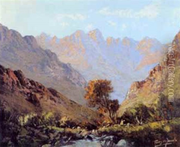 A Stream In A Mountainous Landscape Oil Painting - Tinus de Jongh