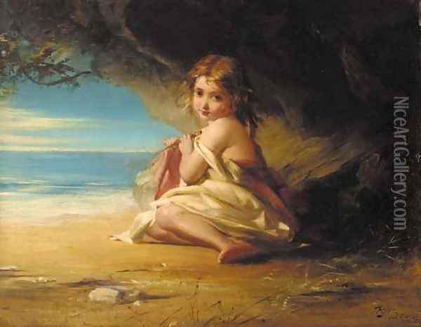 A young girl by the shore Oil Painting - Robert Herdman