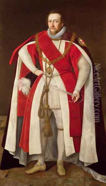 Portrait of a Nobleman said to be 7th Earl of Shrewsbury in Garter Robes Oil Painting - Paulus Van Somer