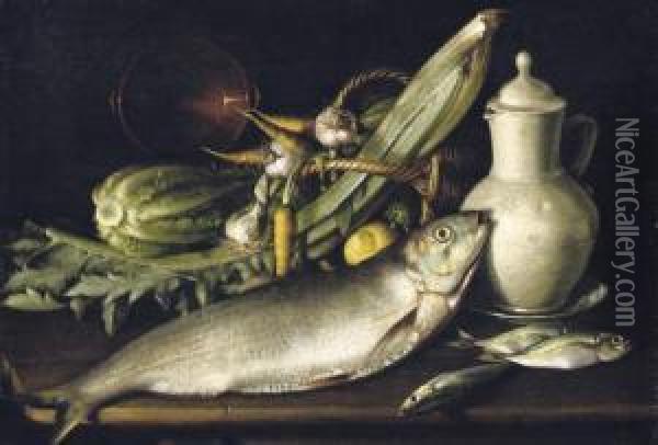 Fish, Cellery, A Cabbage And An 
Earthenware Pot With Carrots, Garlic And A Lemon In A Wicker Basket And A
 Porcelain Jug On A Platter, All On A Wooden Ledge Oil Painting - Tommaso Salini (Mao)