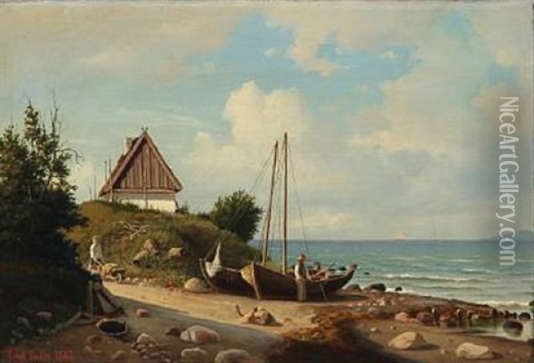 Coastal Scene From Hellebaek, Denmark Oil Painting - Carl Ludwig Bille