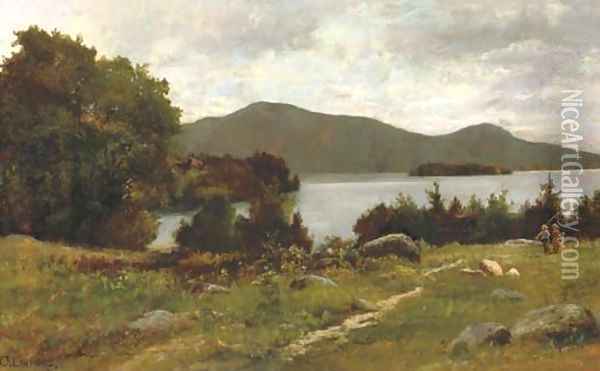 September morning on Lake George across from west end of 'Sagamore bridge' to Buck and Pilot Mountains, New York Oil Painting - Charles Linford