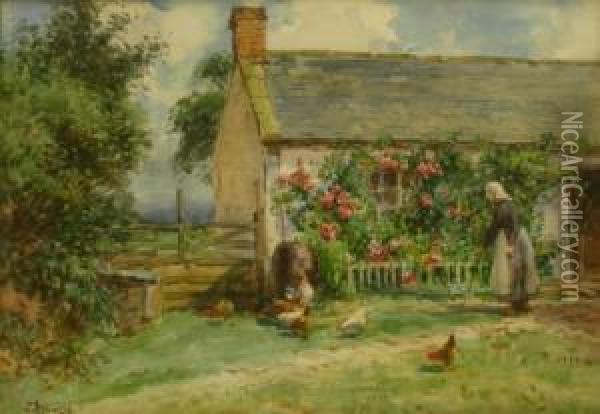 Cottage At Hinderwell - Feeding The Hens Oil Painting - John Atkinson