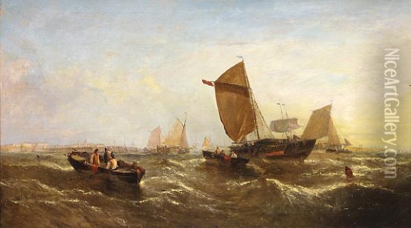 Morning: Fishing Boats Off The Coast Oil Painting - William Calcott Knell