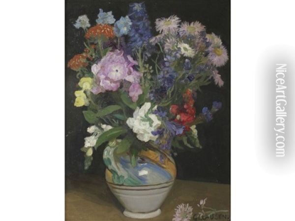 A Still Life Of Mixed Flowers In A Pottery Vase Oil Painting - Sir George Clausen