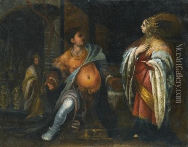 A Biblical Subject, Probably Esther Standing Before Haman, Behind Them King Ahasuerus Oil Painting - Francesco (Cecco Bravo) Montelatici