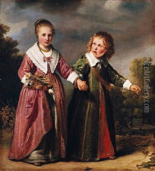 A Double Portrait Of A Young Girl Holding A Posy Of Flowers And A Young Boy, In A Wooded Landscape Oil Painting - Ferdinand Bol