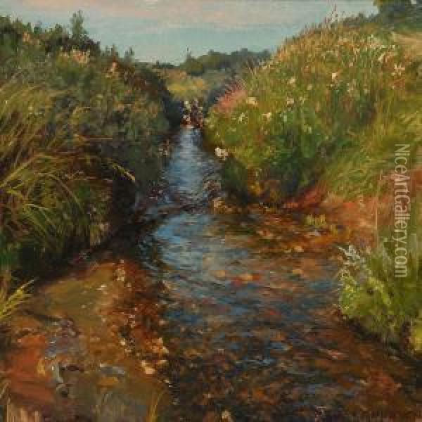 Spring Day At Aserpentine Stream Oil Painting - Peder Knudsen