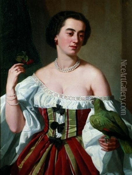 Portrait De Jeune Femme Au Perroquet Oil Painting - Andre (Count) de Mniszek