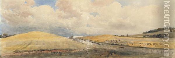 A Cornfield With Tring Station In The Distance Oil Painting - Peter de Wint