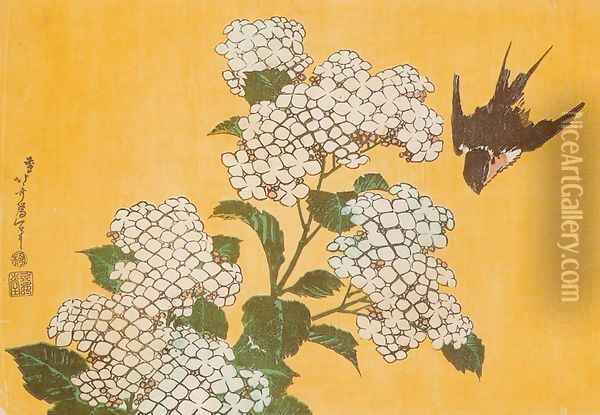 Hydrangea and Swallow Oil Painting - Katsushika Hokusai