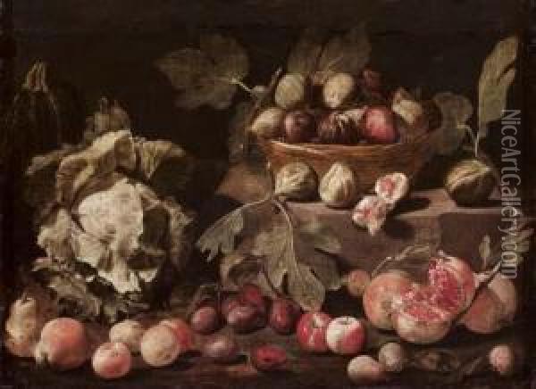 Natura Morta Con Fichi, Melagrane, Lattuga E Altra Frutta Oil Painting - Michele Pace Del (Michelangelo di) Campidoglio
