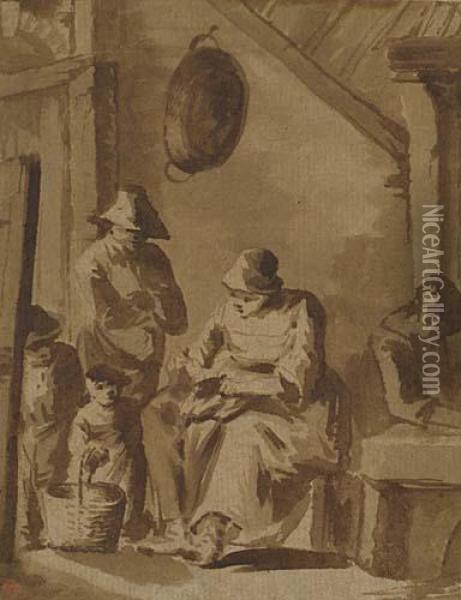 A Peasant Family In A Rustic Interior Oil Painting - Cornelis (Pietersz.) Bega