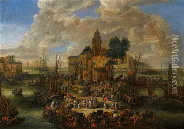 A Busy Harbour Scene Oil Painting - Pieter Casteels the Younger