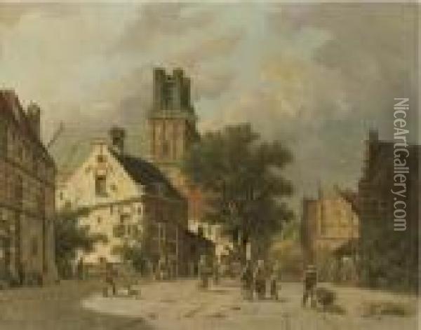 Townsfolk On A Square, Ransdorp Oil Painting - Adrianus Eversen