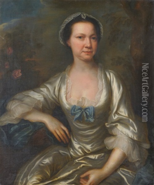 Portrait Of Mrs Moore, Seated, Wearing A Cream Satin Dress Oil Painting - Thomas Bardwell