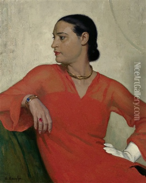 Portrait Einer Dame Im Art-deco-kleid Mit Goldenem Collier, Armreif Und Ring Oil Painting - Arthur Kampf