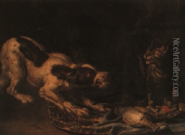 A Cat Startled By A Dog Oil Painting - David de Coninck