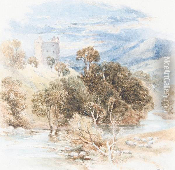 View Of A Castle, Yarrow Oil Painting - Myles Birket Foster