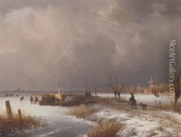 A Dutch Winter Landscape Oil Painting - Nicolaas Johannes Roosenboom