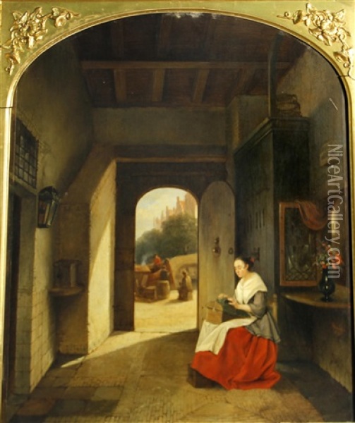 An Interior With A Woman Seated By An Open Door Arched Top Oil Painting - Johannes Antoine Balthasar Stroebel