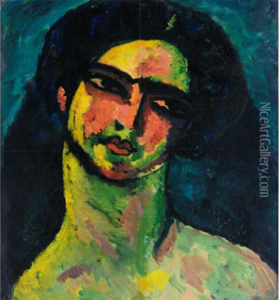 Kopf Einer Italienerin Mit 
Schwarzem Haar Von Vorne (head Of An Italian Woman With Black Hair, 
Frontal View) Oil Painting - Alexei Jawlensky