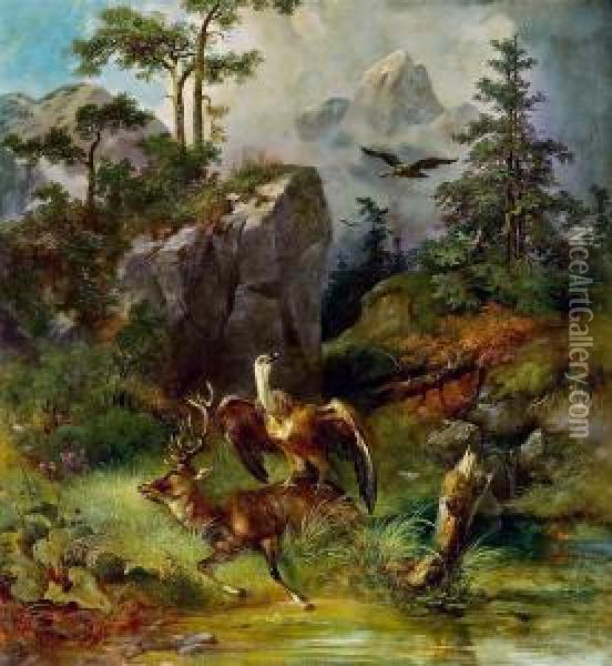 Erlegter Hirsch Mit Geier Oil Painting - Rudolf Swoboda
