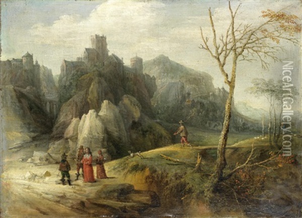 Figures Conversing In A Mountainous Landscape, A Walled City In The Distance Oil Painting - Jan Tilens