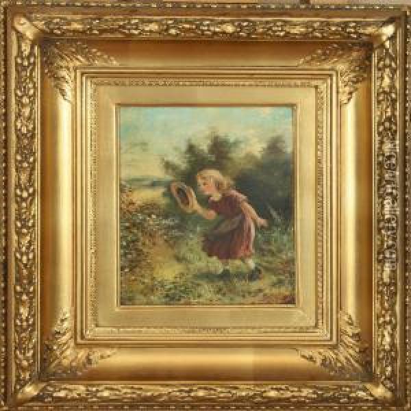 Girl Chasing Butterfly With Hat. Signed L. Olivie Oil Painting - Leon Olivie