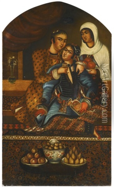 A Romantic Couple With Attendant Oil Painting - Muhammad Zaman III
