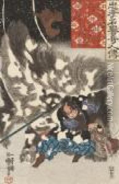 Yamamoto Kansuke Overpowering A Gigantic Boar Oil Painting - Utagawa Kuniyoshi