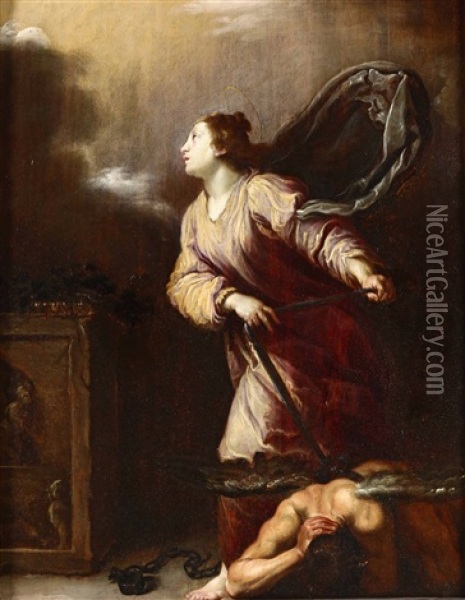 Santa Giuliana Di Nicomedia Con Il Demonio Alla Catena Oil Painting - Domenico Feti