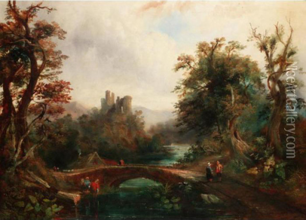 An Extensive River Landscape With Ruins Beyond Oil Painting - Frederick Waters Watts