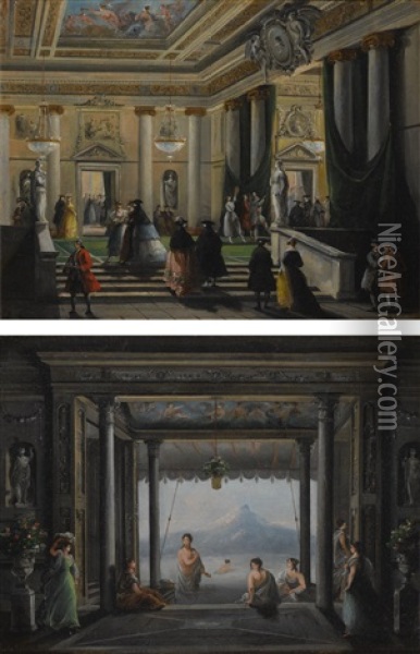 Figures In The Foyer Of Teatro La Fenice, Venice; A Scene From The Last Days Of Pompeii, Performed In Teatro La Fenice, Venice Oil Painting - Giuseppe Bernardino Bison