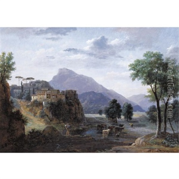 Italianate Mountainous Landscape With A Shepherd And Cattle Crossing A River Oil Painting - Jean Victor Bertin