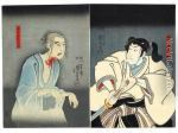 Zwei 
Oban
, Diptychon, Das Das Theaterstuck 
Higashiyama Oil Painting - Utagawa Kuniyoshi