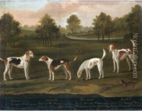Portrait Of Hounds: Belman, 
Mannerly, Belmaid And Guider, Together With Two Spaniels In A Landscape Oil Painting - J. Francis Sartorius