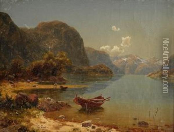 Fjordlandskap Med Folkeliv 1846 Oil Painting - Bernt Lund