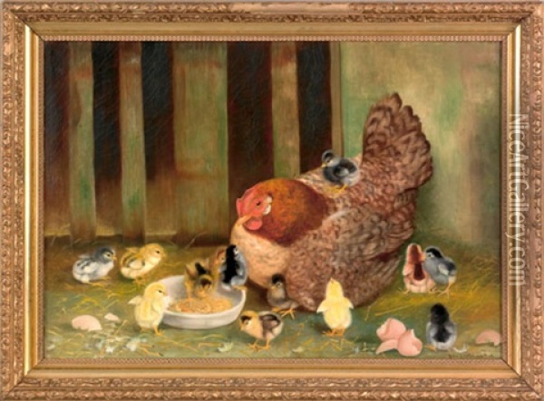 Of A Hen And Thirteen Chicks Oil Painting - Ben Austrian