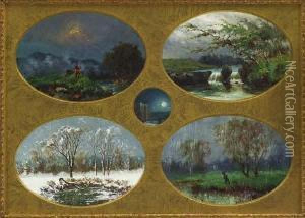 4 Landscape Vignettes Oil Painting - Thomas Birch